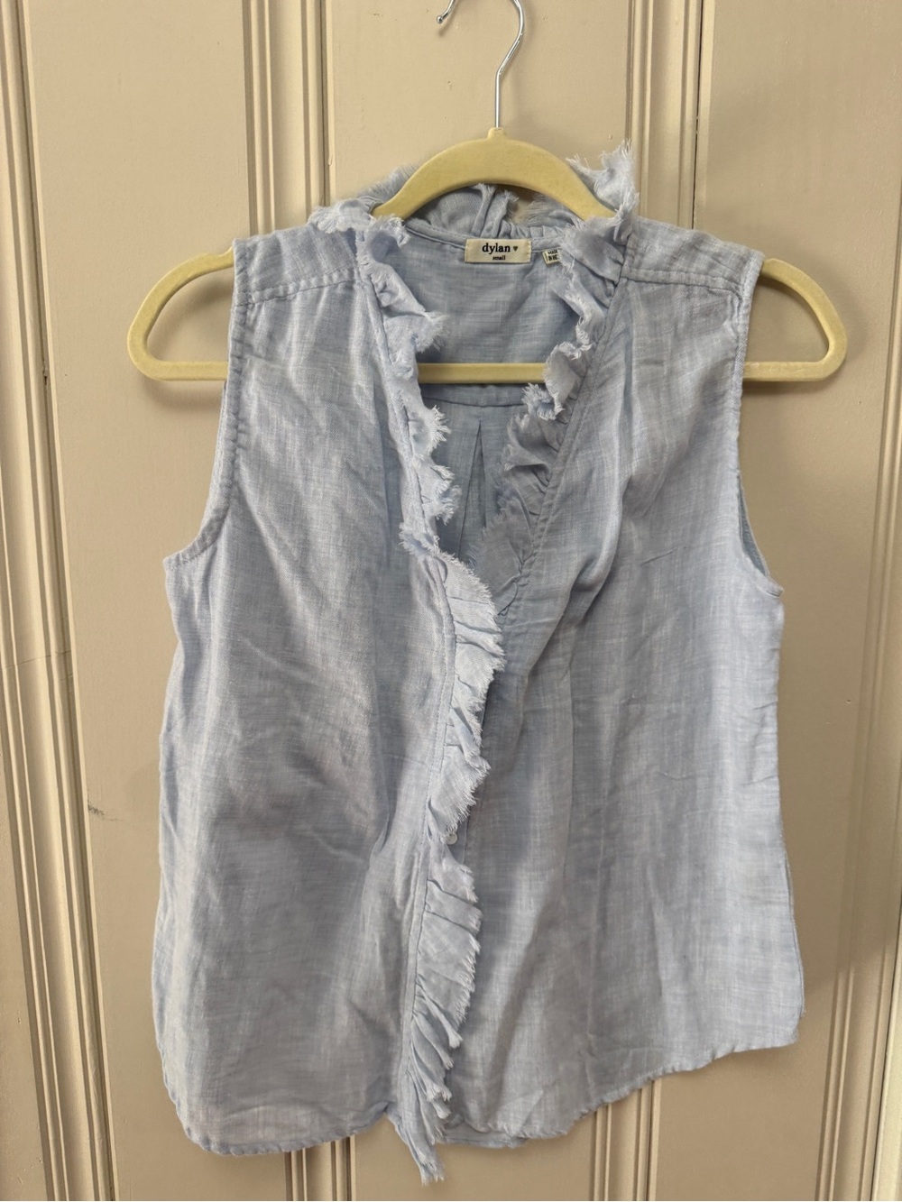 Dylan Sleeveless Ruffle-Trim Chambray Top in Light Blue | Size Small - Picture 2 of 8